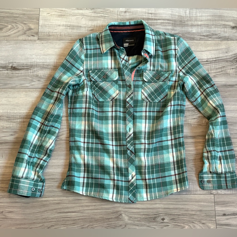 3/$25 Marmot Women’s Plaid Flannel Button Down Shirt Green Teal Size S/P